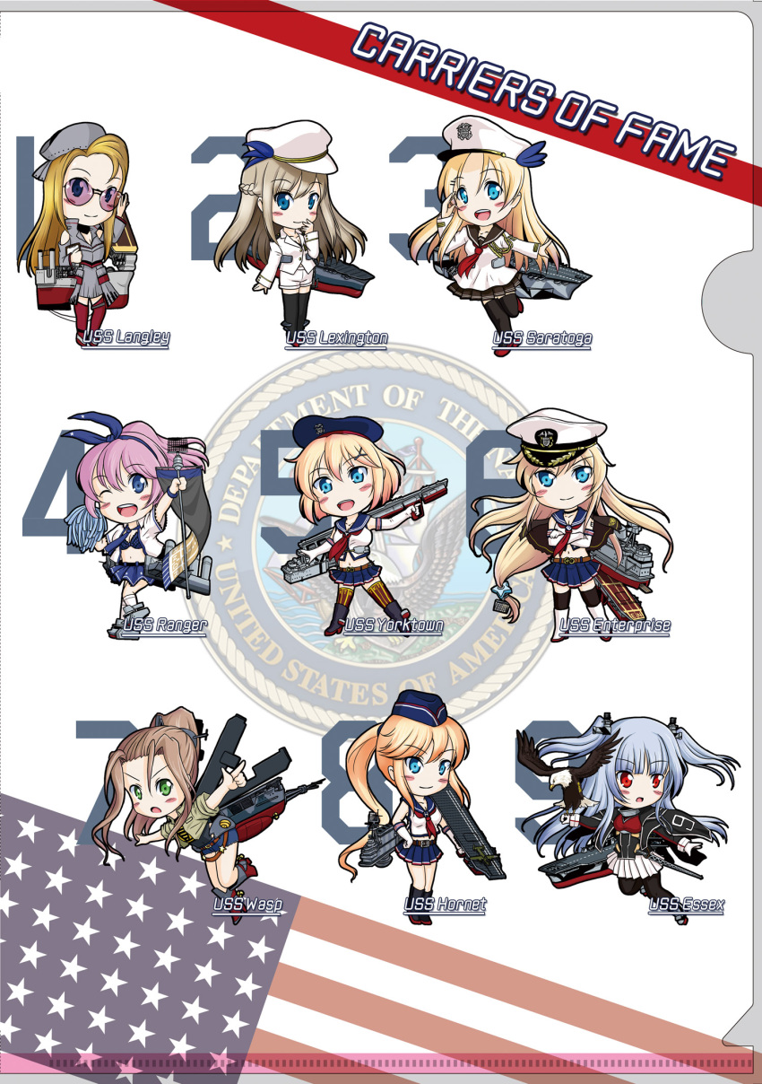 6+girls bald_eagle bell_mccamp_(zhan_jian_shao_nyu) bird blonde_hair blue_eyes braid brown_hair chibi eagle enterprise_(zhan_jian_shao_nyu) essex_(zhan_jian_shao_nyu) flight_deck french_braid glasses green_eyes hat highres hornet_(zhan_jian_shao_nyu) langley_(zhan_jian_shao_nyu) lexington_(zhan_jian_shao_nyu) long_hair military military_uniform multiple_girls pantyhose peaked_cap pink_hair ponytail ranger_(zhan_jian_shao_nyu) red_eyes rigging sakurato_tsuguhi saratoga_(zhan_jian_shao_nyu) short_hair silver_hair skirt thigh-highs twintails uniform wasp_(zhan_jian_shao_nyu) yorktown_(zhan_jian_shao_nyu) zhan_jian_shao_nyu