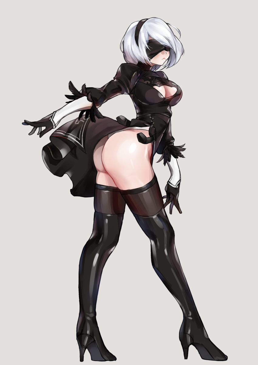 1girl absurdres ass black_dress black_gloves black_hairband black_legwear blindfold breasts cleavage feather-trimmed_sleeves full_body gloves grey_background hairband high_heel_boots high_heels highleg highleg_leotard highres juliet_sleeves leotard mole mole_under_mouth nier_(series) nier_automata shiny shiny_clothes short_hair skirt solo standing thigh-highs thigh_boots thighs white_hair yorha_no._2_type_b