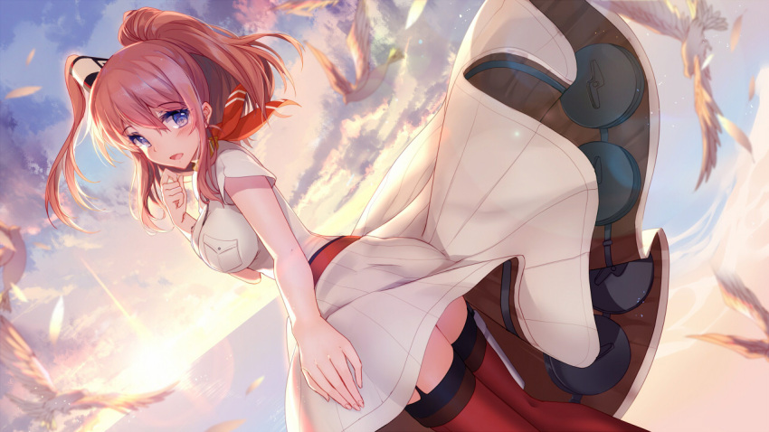 1girl belt bison_cangshu blue_eyes breast_pocket breasts brown_hair dress dutch_angle evening from_behind garter_straps hair_between_eyes kantai_collection large_breasts long_hair looking_at_viewer neckerchief open_mouth pocket ponytail red_legwear red_neckerchief saratoga_(kantai_collection) side_ponytail sidelocks thigh-highs thighs white_dress