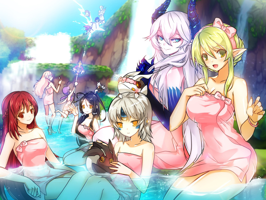 3boys 6+girls :d aisha_(elsword) ara_han black_hair blonde_hair blue_eyes blue_gloves bracelet breasts cleavage collarbone crossed_arms elbow_gloves elesis_(elsword) elf elsword eve_(elsword) eyebrows_visible_through_hair glasses gloves green_eyes grey_hair hair_between_eyes hair_ribbon highres holding holding_staff horns ikjh2222 jewelry large_breasts lena_(elsword) long_hair looking_at_viewer looking_up luciela_r._sourcream medium_breasts multiple_boys multiple_girls naked_towel one_leg_raised open_mouth outdoors partially_submerged pink_hair pink_towel pointy_ears purple_hair red_eyes redhead ribbon short_hair_with_long_locks sideboob sidelocks silver_hair sitting small_breasts smile staff standing towel twintails very_long_hair wading waving white_ribbon yellow_eyes
