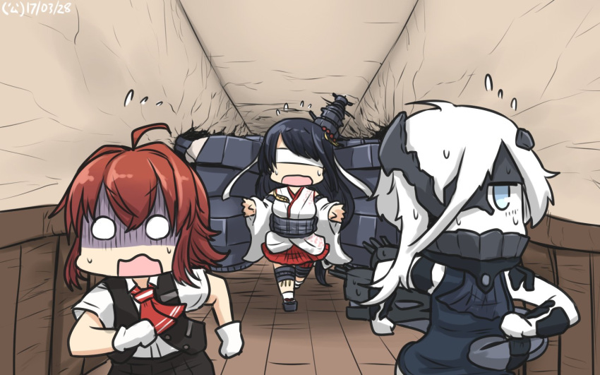 3girls ahoge arashi_(kantai_collection) ascot black_dress black_hair blindfold commentary dated detached_sleeves dress fusou_(kantai_collection) gloves hachimaki hair_between_eyes hair_over_one_eye hallway hamu_koutarou headband highres kantai_collection long_hair machinery multiple_girls ne-class_heavy_cruiser necktie nontraditional_miko open_mouth redhead remodel_(kantai_collection) shinkaisei-kan short_hair sleeveless sleeveless_dress vest white_gloves white_hair
