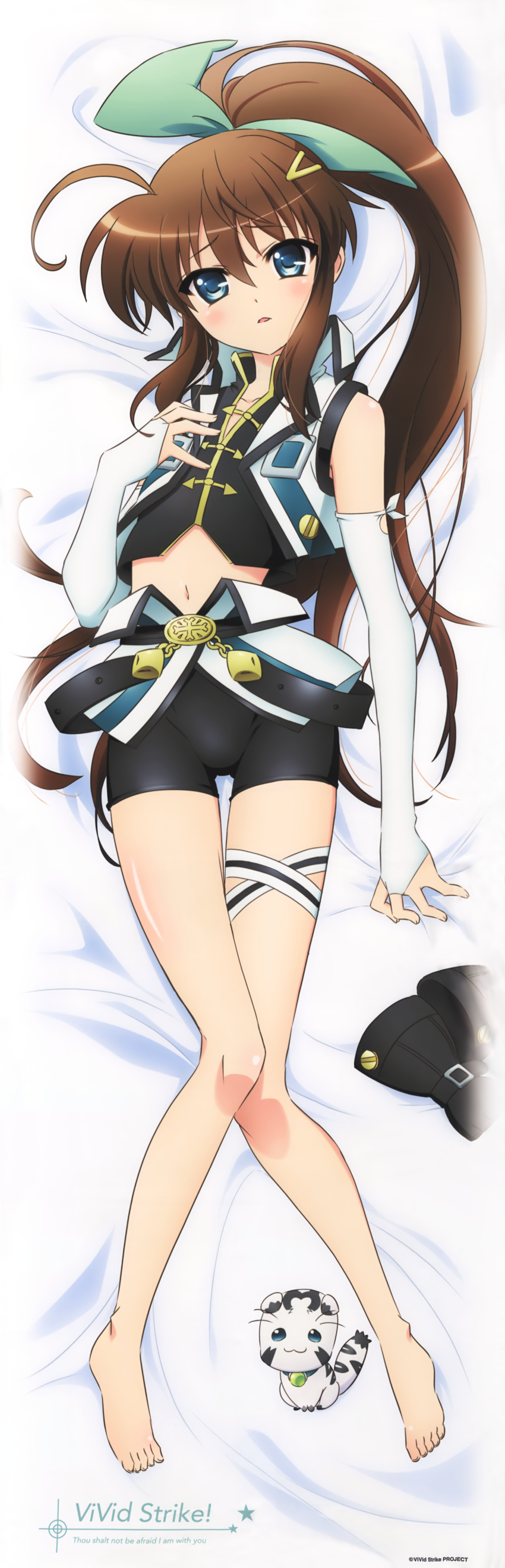 1girl absurdres ahoge artist_request bike_shorts blue_eyes blush brown_hair dakimakura feet female flat_chest from_above full_body fuuka_reventon gloves green_eyes hair_ribbon hand_on_own_chest highres huge_filesize huracan_(vivid_strike!) long_hair looking_at_viewer lyrical_nanoha midriff navel official_art open_mouth ponytail ribbon shiny shiny_hair sidelocks solo text thigh_gap thigh_strap vivid_strike!