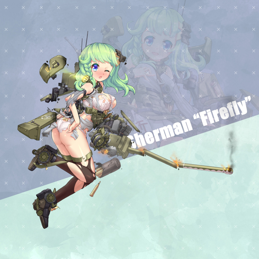 1girl blue_eyes blush boots braid breasts brown_legwear bullet cannon caterpillar_tracks character_name damaged detached_sleeves dress green_eyes green_hair ground_vehicle gun hair_ornament highres lights long_hair looking_at_viewer machine_gun machinery mechanical_arm military military_uniform military_vehicle motor_vehicle one_eye_closed original panties personification sherman_firefly shovel side_braid sirills solo tank thigh-highs torn_clothes torn_thighhighs turret underwear uniform weapon white_panties worktool zoom_layer