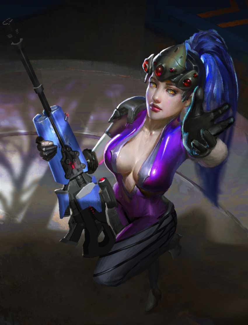 1girl absurdres black_gloves bodysuit breasts collarbone dark_background eyeliner from_above full_body gloves gun head_mounted_display highres holding holding_gun holding_weapon lips long_hair looking_at_viewer looking_up makeup medium_breasts overwatch pink_bodysuit ponytail purple_hair purple_skin reaching_out rifle shadow short_sleeves solo standing standing_on_one_leg visor weapon weile_zhang widowmaker_(overwatch) yellow_eyes