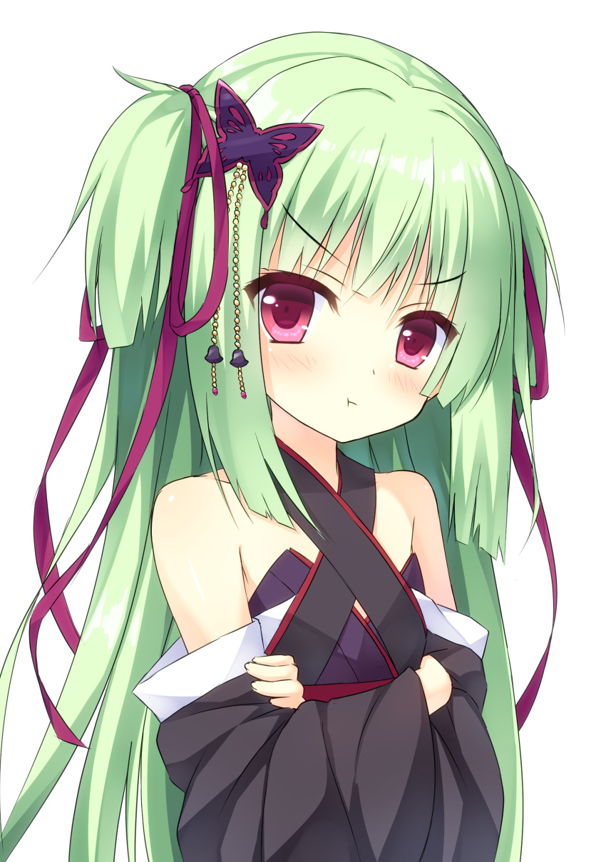 &gt;:t 1girl :t absurdres bangs bare_shoulders blush butterfly_hair_ornament closed_mouth collarbone crossed_arms detached_sleeves eyebrows_visible_through_hair green_hair hair_ornament hair_ribbon halterneck head_tilt highres japanese_clothes long_hair long_sleeves looking_at_viewer minatsuki_kou murasame_(senren) pout purple_ribbon ribbon senren_banka shiny shiny_hair shiny_skin simple_background solo two_side_up upper_body violet_eyes white_background wide_sleeves yuzu-soft