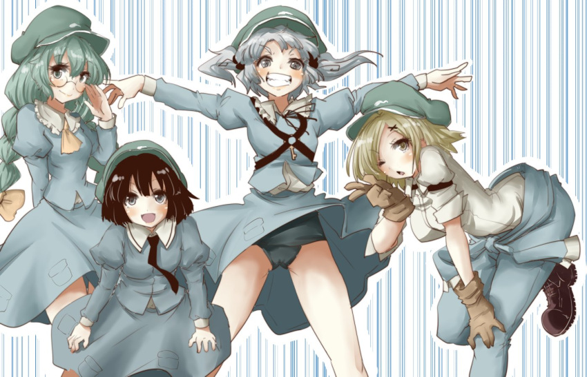 4girls adjusting_glasses aqua_eyes aqua_hair bent_over black_eyes black_hair black_necktie black_shoes blonde_hair blue_eyes blue_hair blue_skirt breasts brown_gloves dark_haired_kappa extra glasses glasses_kappa gloves grin kappa_mob kawashiro_nitori key long_hair long_sleeves looking_at_viewer medium_breasts multiple_girls necktie one-piece_swimsuit one_eye_closed open_mouth outstretched_arms overalls puffy_long_sleeves puffy_sleeves school_swimsuit shoes skirt smile swimsuit swimsuit_under_clothes teeth tikano touhou twintails very_long_hair yellow_eyes