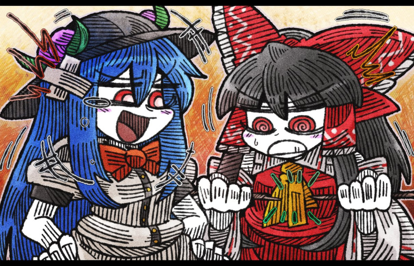 &gt;:d +++ /\/\/\ 2girls :d al_bhed_eyes ascot bangs black_hair black_hat blouse blue_hair blunt_bangs blush_stickers bow bowtie broken clenched_teeth commentary_request crossed_bandaids detached_sleeves eyebrows_visible_through_hair food fruit hair_between_eyes hair_bow hair_tubes hakurei_reimu hat hat_leaf hinanawi_tenshi laughing letterboxed long_hair multiple_girls open_mouth orange_background peach puffy_short_sleeves puffy_sleeves red_bow red_bowtie red_eyes short_sleeves smile suenari_(peace) tearing_up teeth touhou white_blouse white_skin wide_sleeves yellow_ascot