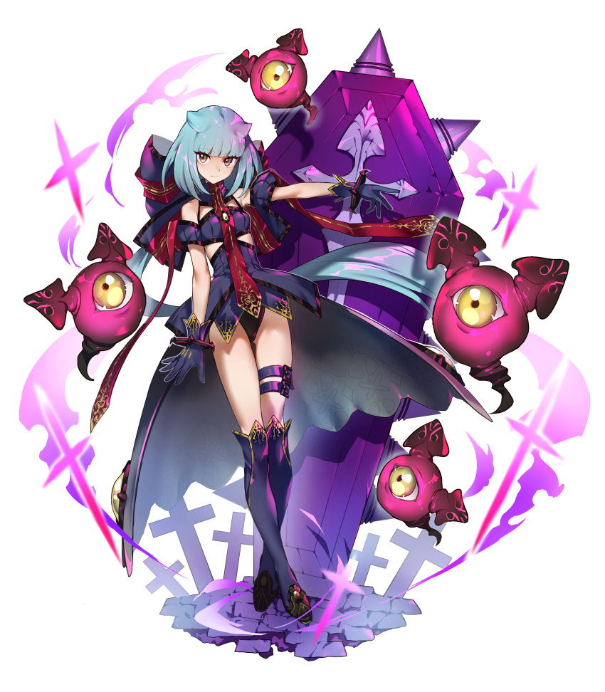 1girl absurdres bangs bare_shoulders black_gloves black_panties blue_hair blunt_bangs boots bracelet breasts brown_eyes closed_mouth coffin cross detached_sleeves dress eyes full_body gloves highres jewelry knee_boots looking_at_viewer maruchi original outstretched_arm panties pointy_hair puffy_short_sleeves puffy_sleeves purple_boots purple_dress short_sleeves small_breasts solo spiked_bracelet spikes thigh_strap tombstone underwear waist_cape