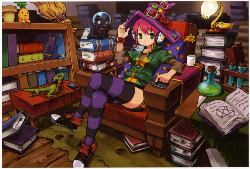 1girl armchair black_border book book_stack border cat chair chan_co converse earphones green_eyes hand_on_headwear hat highres lamp legs_crossed lizard looking_at_viewer mouth_hold original pink_hair purple_legwear shoes shorts sneakers solo striped striped_legwear study thigh-highs witch_hat