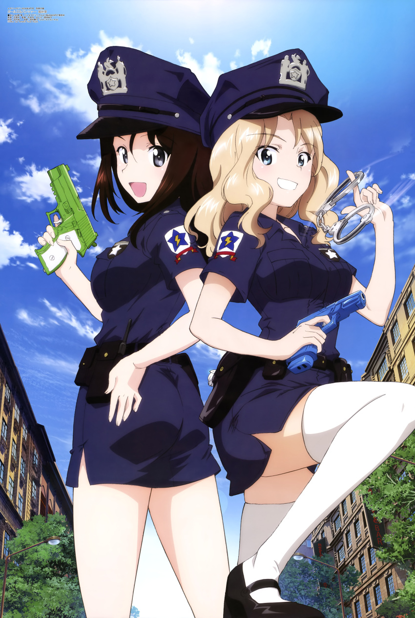 2girls absurdres ass back-to-back belt blonde_hair blue_eyes breasts brown_hair building clouds cuffs girls_und_panzer grey_eyes handcuffs hat high_heels highres holster kay_(girls_und_panzer) knee_up lamppost medium_breasts megumi_(girls_und_panzer) multiple_girls official_art open_mouth police police_badge police_hat police_uniform policewoman road shoes sky smile spinning street thigh-highs thighs tree uniform utility_belt wang_guo_nian water_gun