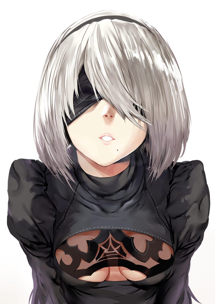 1girl absurdres black_dress blindfold breasts cleavage dress hairband hews_hack highres lips mole mole_under_mouth nier_(series) nier_automata short_hair silver_hair small_breasts solo upper_body yorha_no._2_type_b
