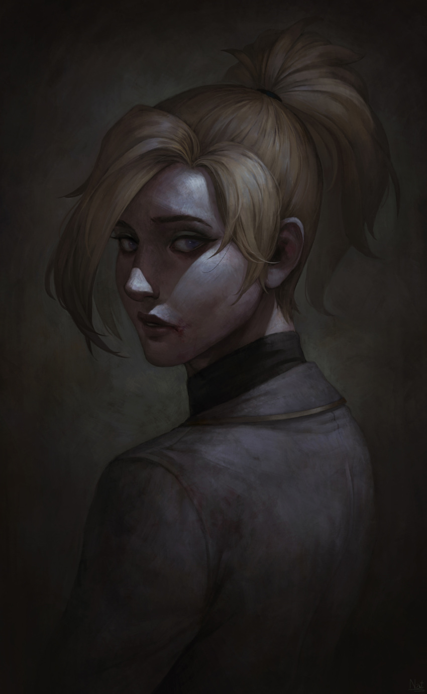 1girl absurdres artist_name black_shirt blonde_hair blue_eyes eyelashes eyeliner from_behind hair_tie high_ponytail highres jacket lips long_sleeves looking_at_viewer looking_back makeup mascara mercy_(overwatch) nat_vitchayed nose overwatch parted_lips portrait ribbed_shirt scar shirt solo teeth turtleneck twisted_neck undershirt upper_body white_jacket