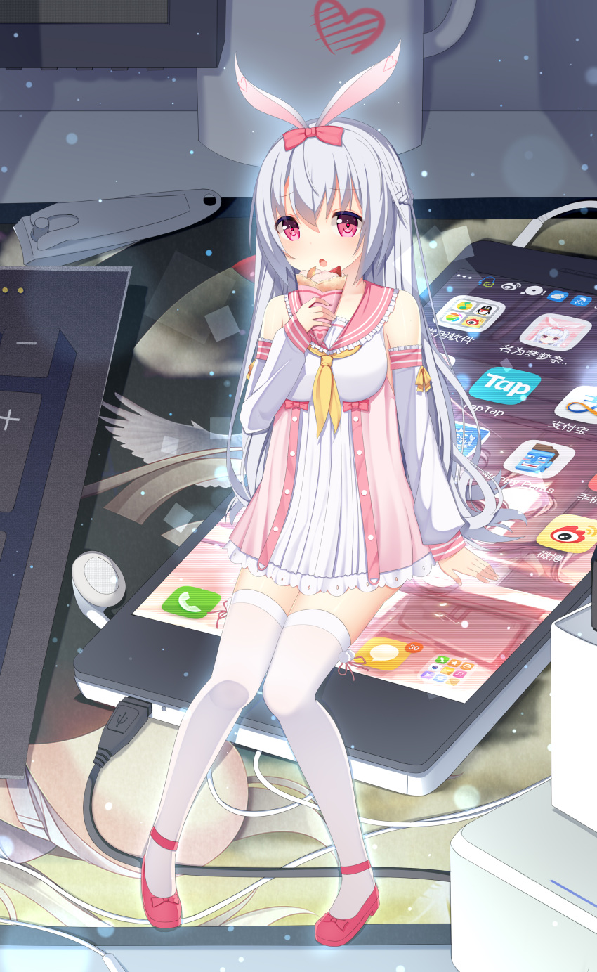 1girl absurdres animal_ears bow braid cellphone charger crepe cup detached_sleeves eating food hair_bow heart highres jyt keyboard long_hair momona_(mvv) mug nail_clippers open_mouth org.alie.momona phone pink_bow pink_eyes rabbit_ears silver_hair sitting smartphone solo thigh-highs very_long_hair white_legwear