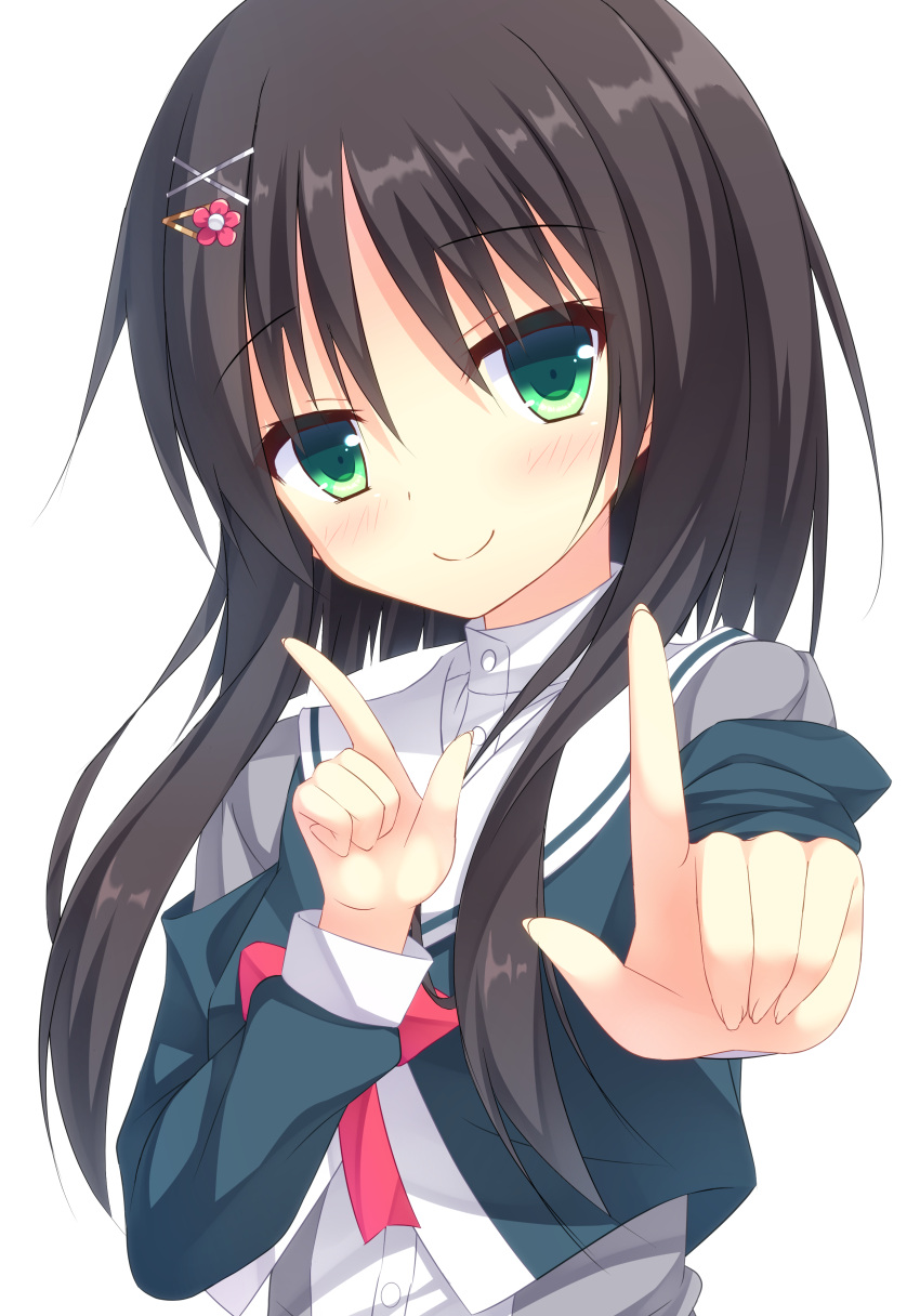 1girl absurdres bangs black_hair blush buttons c: closed_mouth dress_shirt eyebrows_visible_through_hair fingernails flower green_eyes green_shirt grey_shirt hair_between_eyes hair_flower hair_ornament hairclip hand_up head_tilt highres hitachi_mako index_finger_raised koi_dance long_hair long_sleeves looking_at_viewer minatsuki_kou off-shoulder_shirt off_shoulder outstretched_arm red_ribbon ribbon school_uniform senren_banka serafuku shiny shiny_hair shirt sidelocks simple_background smile solo upper_body white_background yuzu-soft