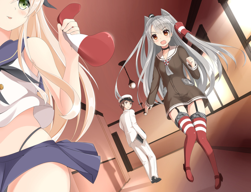 1boy 2girls admiral_(kantai_collection) amatsukaze_(kantai_collection) black_panties blonde_hair clothes_theft elbow_gloves gloves hairband hat kantai_collection leaf1031 long_hair military military_uniform multiple_girls naval_uniform panties pantyshot peaked_cap pleated_skirt revision shimakaze_(kantai_collection) silver_hair skirt striped striped_legwear theft thigh-highs twintails underwear uniform white_gloves