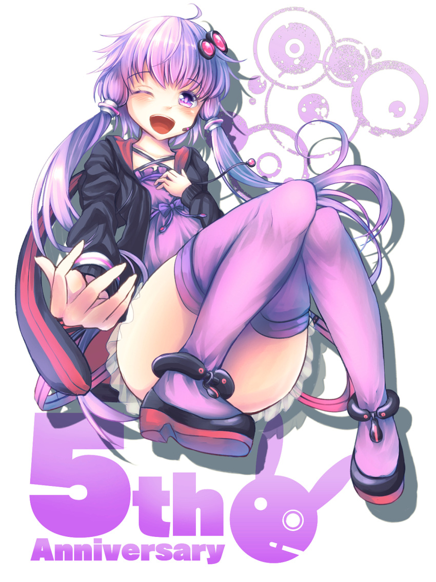 1girl ahoge blush english eyebrows_visible_through_hair hair_ornament headset highres hood hoodie long_hair looking_at_viewer one_eye_closed open_mouth outstretched_arm purple_hair purple_legwear smile solo t.m_(aqua6233) thigh-highs twintails violet_eyes vocaloid voiceroid yuzuki_yukari