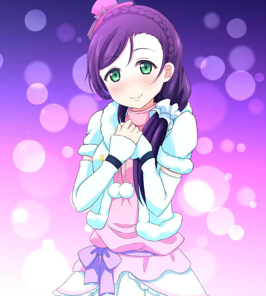 1girl blush braid commentary_request denshinbashira_(bashirajio!) dress elbow_gloves french_braid gloves green_eyes hair_over_shoulder hat highres long_hair looking_at_viewer love_live! love_live!_school_idol_project mini_hat purple_hair scrunchie smile snow_halation solo toujou_nozomi upper_body white_dress white_gloves