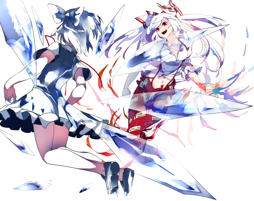 2girls :d battle blue_dress blue_eyes blue_hair cirno clenched_hand commentary_request dress fire folded_leg from_behind fujiwara_no_mokou hair_ribbon highres ice ice_wings ikurauni loafers looking_at_another midriff multiple_girls navel ofuda open_hand open_mouth open_pants pants puffy_short_sleeves puffy_sleeves red_eyes reflection ribbon shirt shoes short_hair short_sleeves simple_background smile suspenders teeth torn_clothes torn_sleeves touhou white_background white_hair white_shirt wings