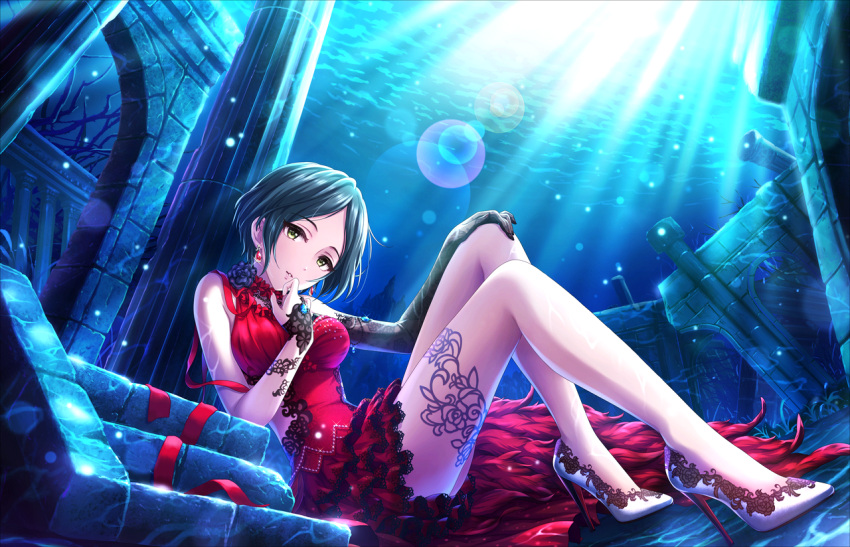 1girl artist_request bare_shoulders blue blue_hair breasts dress earrings elbow_gloves fingerless_gloves flower gloves hayami_kanade high_heels idolmaster idolmaster_cinderella_girls idolmaster_cinderella_girls_starlight_stage jewelry lace legs light_smile looking_at_viewer nail_polish official_art parted_lips red_dress red_nails short_hair sitting solo sunlight tattoo yellow_eyes