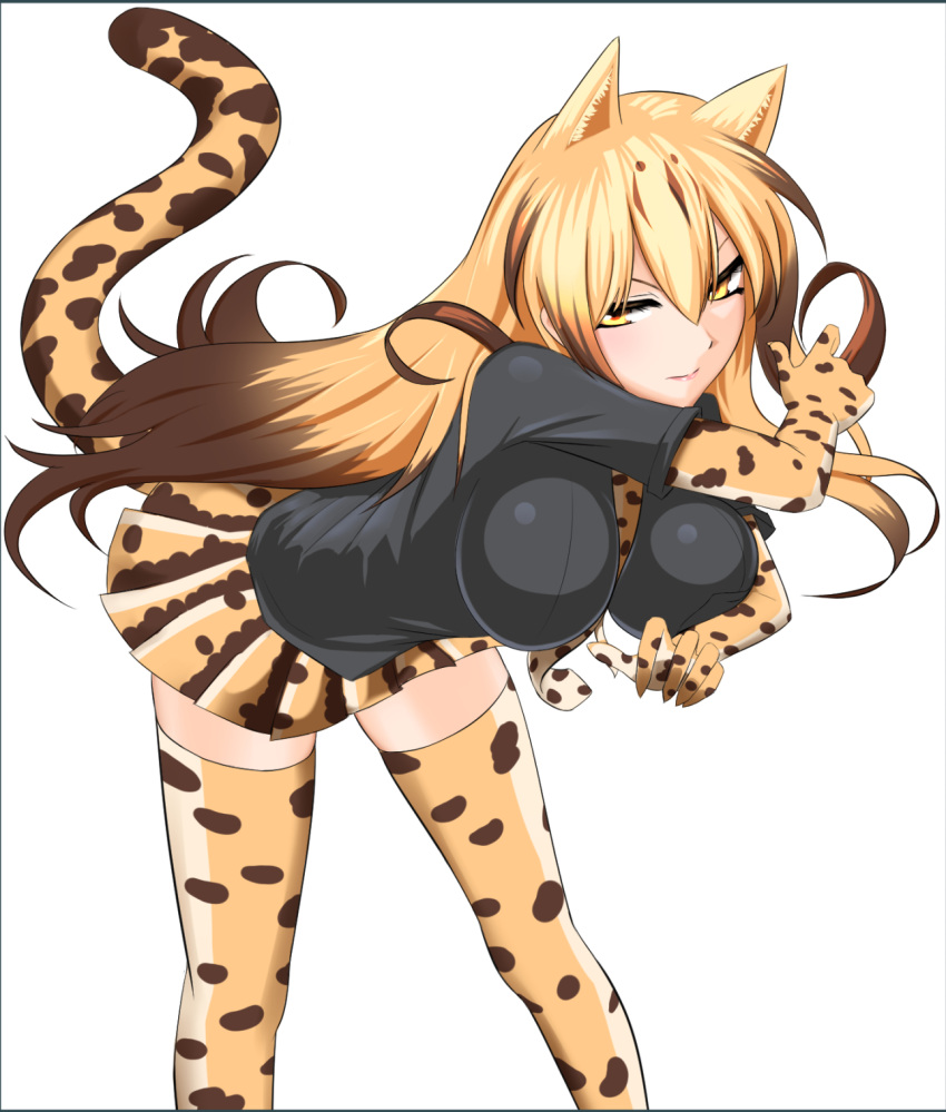 1girl adon_(adtech) animal_ears blonde_hair brown_hair cat_ears cat_tail cheetah_ears cheetah_tail highres kemono_friends king_cheetah_(kemono_friends) long_hair multicolored_hair necktie simple_background tail thigh-highs two-tone_hair white_background yellow_eyes