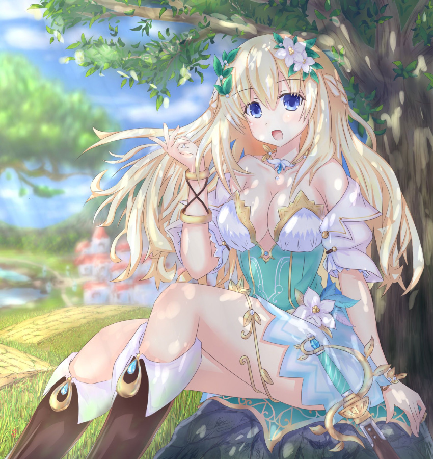 1girl bare_shoulders blonde_hair blue_eyes boots breasts brown_boots castle choujigen_game_neptune dress female flower grass hair_flower hair_ornament highres knee_up large_breasts long_hair looking_at_viewer neptune_(series) open_mouth outdoors road rock sitting sky solo tree vert
