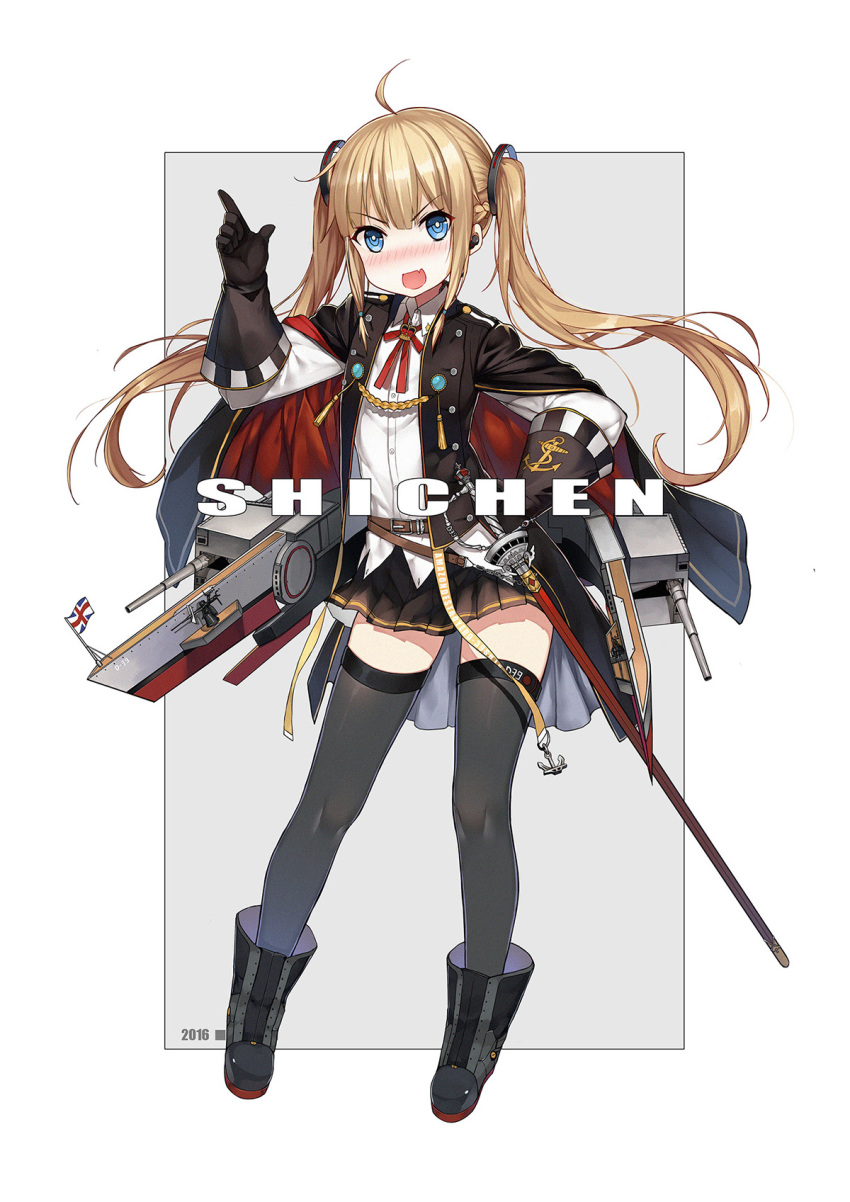 1girl 2016 anchor artist_name black_legwear black_skirt blonde_hair blue_eyes boots bow bowtie braid cape earphones fang flag gloves hair_ornament highres long_hair machinery open_mouth original rapier red_bow red_bowtie shi-chen skirt solo sword thigh-highs turret twintails weapon zettai_ryouiki