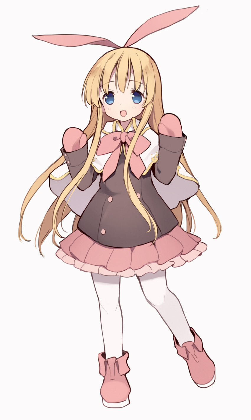 1girl amae_koromo animal_ears bangs blonde_hair blue_eyes blush boots bow coat eyebrows_visible_through_hair fake_animal_ears full_body grey_background hair_bow highres itsumi_(itumiyuo) long_hair looking_at_viewer mittens open_mouth pantyhose pink_boots pink_bow pink_skirt pleated_skirt rabbit_ears saki simple_background skirt smile solo standing white_legwear