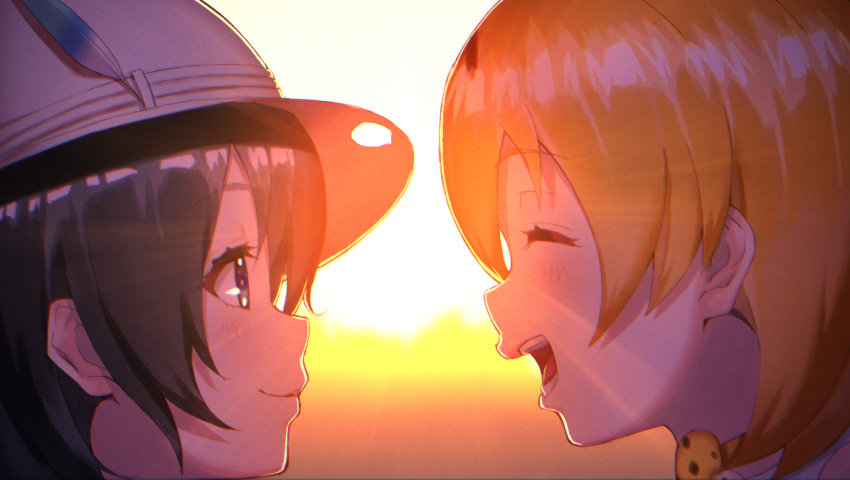 2girls ^_^ ^o^ black_eyes black_hair blonde_hair blush bow bowtie closed_eyes closed_mouth commentary_request face happy hat hat_feather kaban kemono_friends looking_at_another multiple_girls open_mouth outdoors serval_(kemono_friends) serval_print shiny shiny_hair short_hair smile sunlight sunset teeth yasuda_takashi