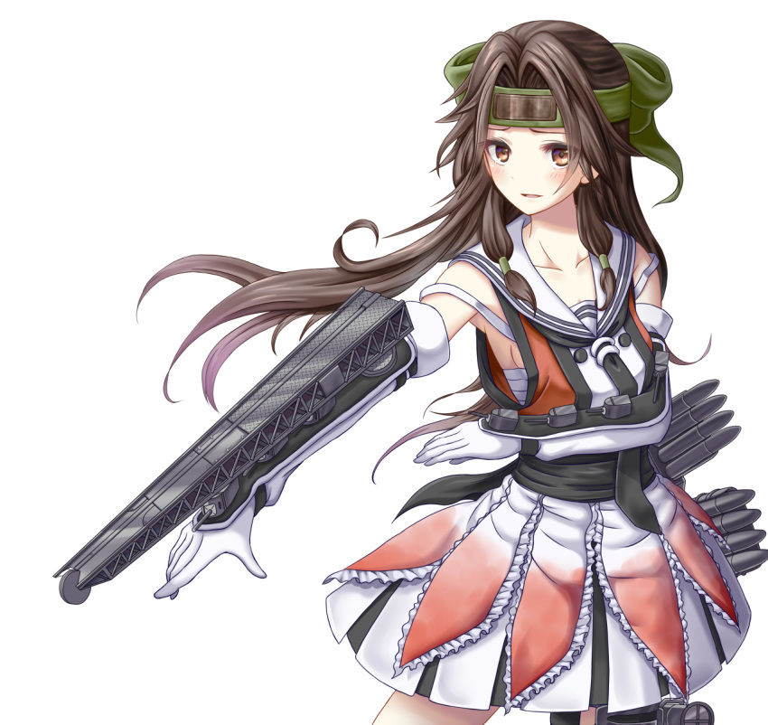 bow brown_eyes brown_hair elbow_gloves forehead_protector gloves hair_intakes half_updo highres jintsuu_(kantai_collection) kantai_collection long_hair machinery remodel_(kantai_collection) searchlight skirt torpedo turret white_gloves yatsu_seisakusho