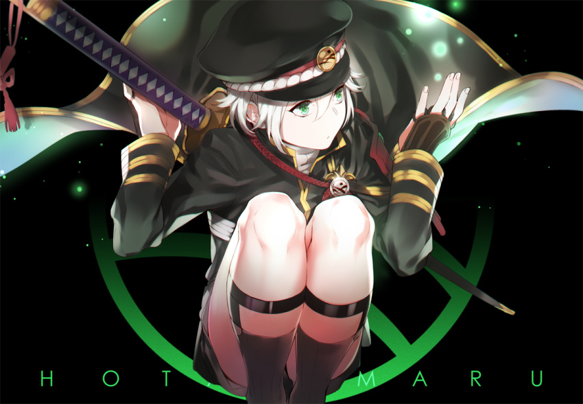 1boy black_background bracer character_name expressionless green_eyes hair_between_eyes hat hotarumaru katana kneehighs knees_up legs light_particles long_sleeves male_focus pale_skin personification shorts simple_background solo suspenders sword text touken_ranbu uniform weapon white_hair zxs1103