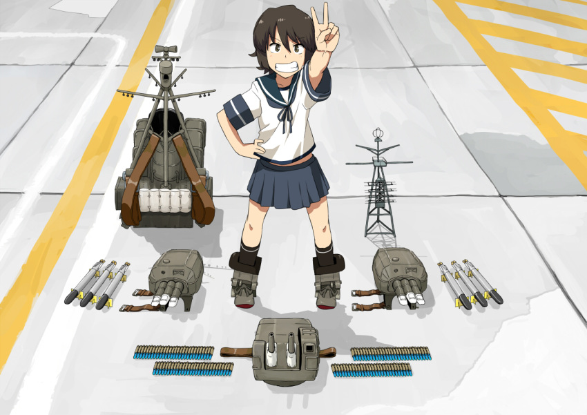 1girl ammunition black_hair blue_skirt brown_eyes commentary_request from_above hair_between_eyes hand_on_hip kantai_collection knolling kozou_(rifa) looking_at_viewer looking_up machinery midriff miyuki_(kantai_collection) open_mouth school_uniform serafuku short_hair short_sleeves skirt smile smokestack solo standing teeth torpedo turret v