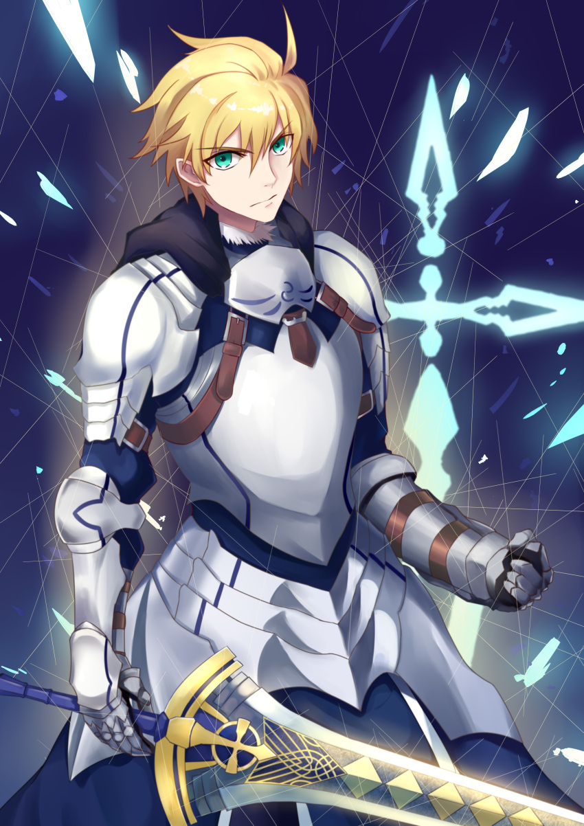 1boy absurdres armor blonde_hair breastplate clenched_hand cowboy_shot cross excalibur_(fate/prototype) fate/prototype fate_(series) faulds gekkan_shounen_yamaneko-kun green_eyes highres male_focus pauldrons saber_(fate/prototype) serious short_hair solo sword vambraces weapon