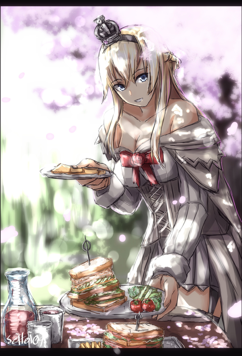 1girl blonde_hair blue_eyes blurry bottle braid cherry_blossoms cowboy_shot crown depth_of_field dress food french_braid garter_straps glass highres jewelry kantai_collection long_hair long_sleeves mini_crown necklace off-shoulder_dress off_shoulder sandwich seitei_(04seitei) solo table thigh-highs tomato warspite_(kantai_collection) white_dress