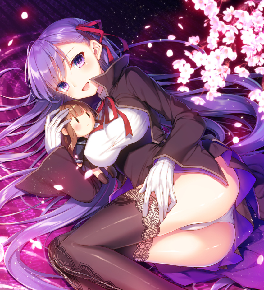 1girl :&lt; ass asymmetrical_bangs bangs bb_(fate/extra_ccc) black_legwear blush breasts brown_hair character_doll cherry_blossoms closed_mouth dutch_angle fate/extra fate/extra_ccc fate_(series) highres kishinami_hakuno_(female) lace-trimmed_legwear large_breasts long_hair looking_at_viewer lying object_hug on_side panties pantyshot pantyshot_(lying) pink_ribbon purple_hair ribbon solo thigh-highs thighs toosaka_asagi underwear very_long_hair violet_eyes white_panties |_|