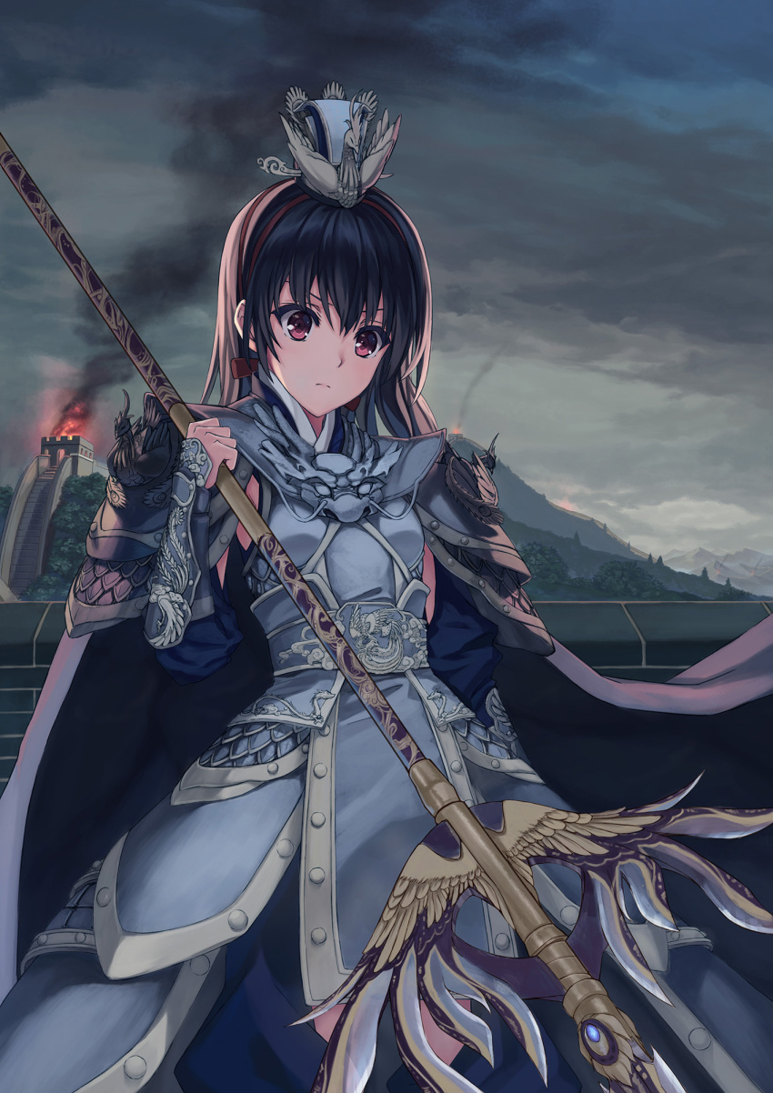 1girl 54cr armor armored_dress black_hair cape fire hair_ornament highres holding holding_weapon looking_down original outdoors polearm red_eyes short_hair solo spear standing weapon