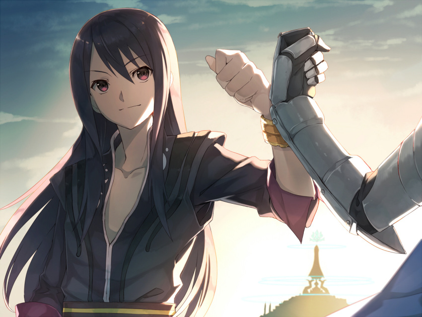 1boy androgynous arm_up bangs black_hair bracelet closed_mouth collarbone eyebrows_visible_through_hair flynn_scifo fumio_(kanmi) gauntlets hair_between_eyes jewelry long_hair male_focus open_clothes outdoors sidelocks smile solo tales_of_(series) tales_of_vesperia upper_body violet_eyes yuri_lowell