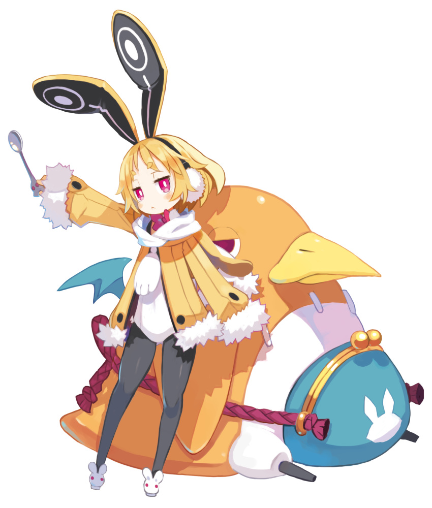 1girl absurdres animal_ears black_legwear blonde_hair disgaea earmuffs expressionless full_body hairband harada_takehito highres jitome leotard makai_senki_disgaea_5 official_art pantyhose prinny rabbit_ears red_eyes scarf shoes short_hair spoon standing transparent_background usalia_(disgaea)