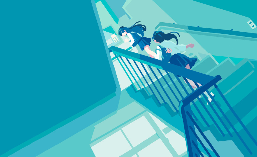 2girls absurdres animal_keychain ankle_socks aqua_theme bag bare_legs bear blue_hair blue_skirt dark_blue_hair facing_away floating_hair from_behind highres indoors keychain light_switch limited_palette long_hair looking_at_another looking_back looking_up multiple_girls on_stairs original pleated_skirt ponsuke_kaikai ponytail school_uniform shirt shoes shoulder_bag skirt socks stairs stairwell standing white_shirt window