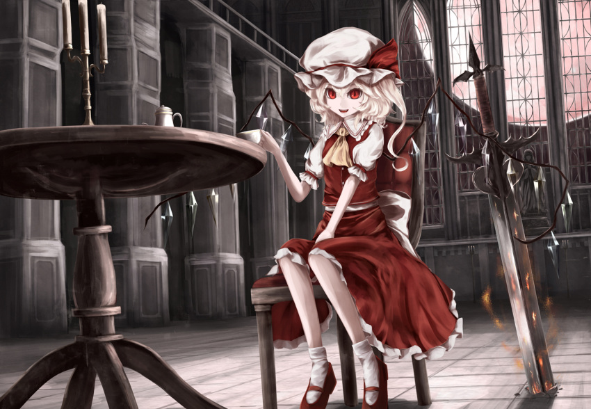 1girl commentary_request crystal dress flandre_scarlet full_moon hat laevatein looking_at_viewer mob_cap moon moose_(moosu193) pale_skin puffy_sleeves side_ponytail slit_pupils solo sword touhou vampire weapon