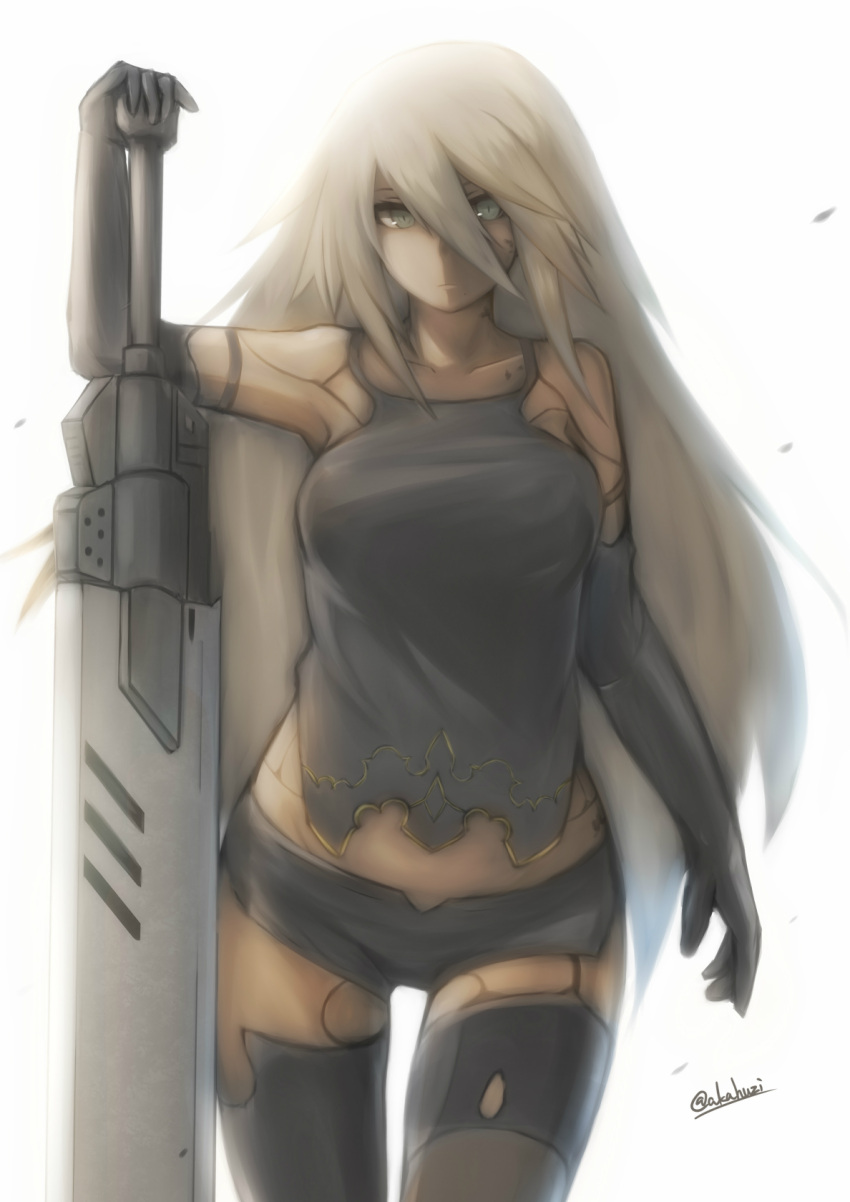 1girl akahuzi black_gloves black_legwear breasts commentary elbow_gloves gloves grey_eyes highres holding holding_sword holding_weapon large_breasts long_hair looking_at_viewer nier_(series) nier_automata pantyhose solo sword thigh-highs torn_clothes torn_pantyhose torn_thighhighs twitter_username weapon white_hair yorha_type_a_no._2