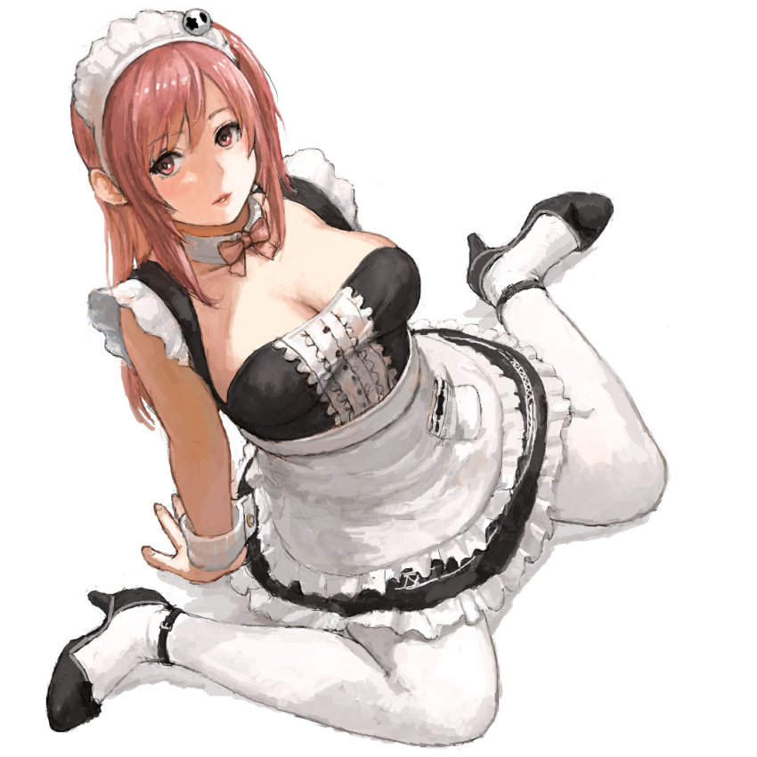 1girl alternate_costume arm_support breasts center_frills cleavage dead_or_alive detached_collar enmaided hair_ornament honoka_(doa) iwauchi_tomoki large_breasts looking_at_viewer maid maid_headdress parted_lips pink_eyes pink_hair revision simple_background sitting solo thigh-highs wariza white_background wrist_cuffs