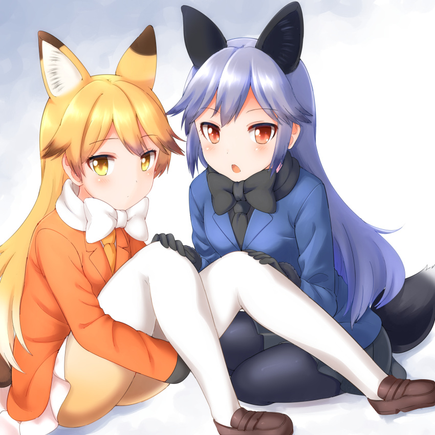 2girls :o animal_ears bangs black_gloves black_legwear black_skirt blazer blonde_hair blue_hair blush brown_hair closed_mouth eyebrows_visible_through_hair ezo_red_fox_(kemono_friends) faubynet fox_ears fox_girl fox_tail gloves gradient_hair hand_on_another's_knee hand_on_own_knee highres jacket kemono_friends loafers long_hair looking_at_viewer multicolored_hair multiple_girls open_mouth pantyhose red_eyes shoes silver_fox_(kemono_friends) sitting skirt tail white_legwear white_skirt yellow_eyes