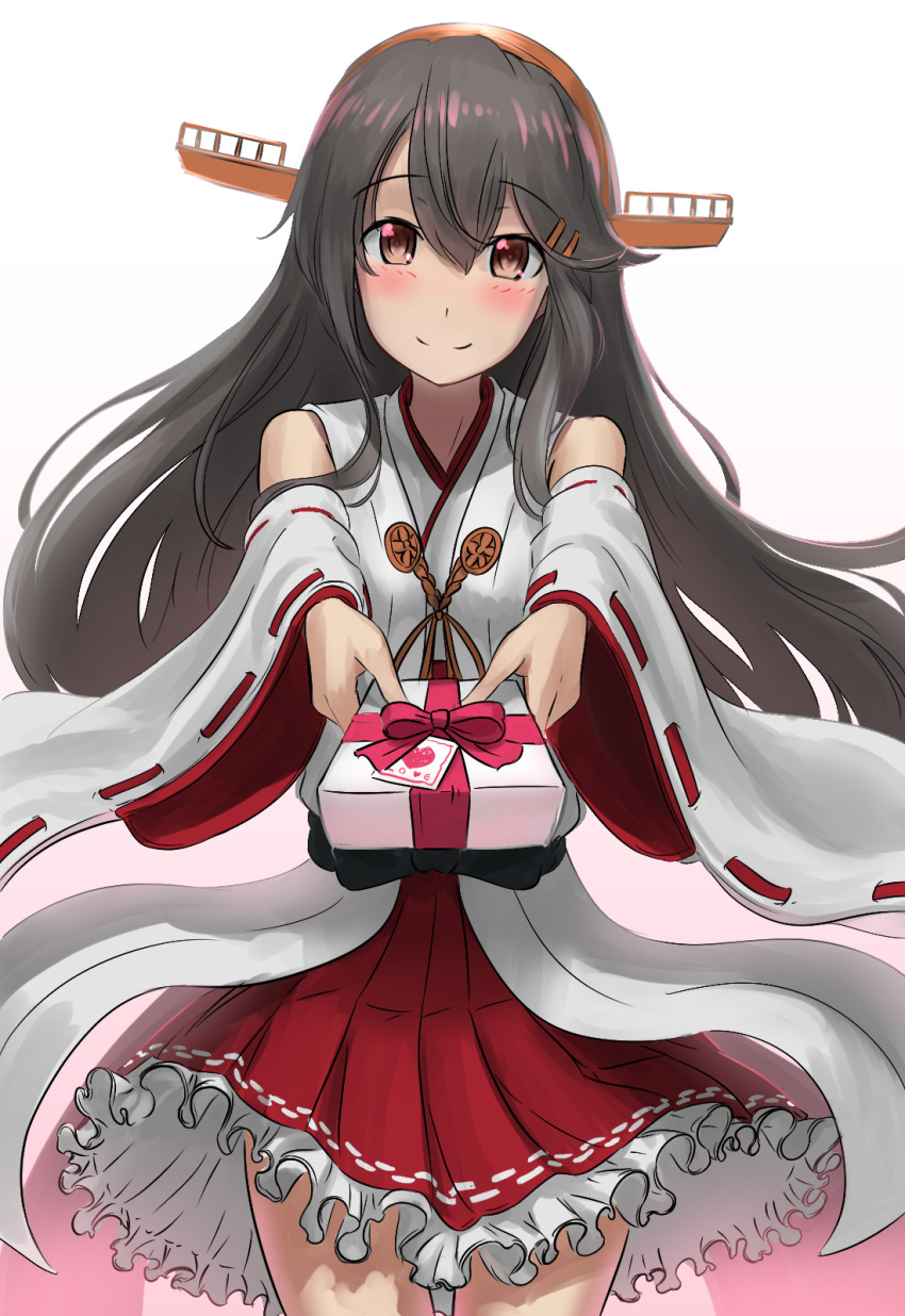 1girl ao_iro bare_shoulders black_hair blush box brown_eyes detached_sleeves gift gift_box gradient gradient_background hair_between_eyes hair_ornament hairband hairclip haruna_(kantai_collection) headgear highres holding holding_gift japanese_clothes kantai_collection long_hair nontraditional_miko pink_background pleated_skirt red_skirt ribbon-trimmed_sleeves ribbon_trim skirt smile solo valentine wide_sleeves