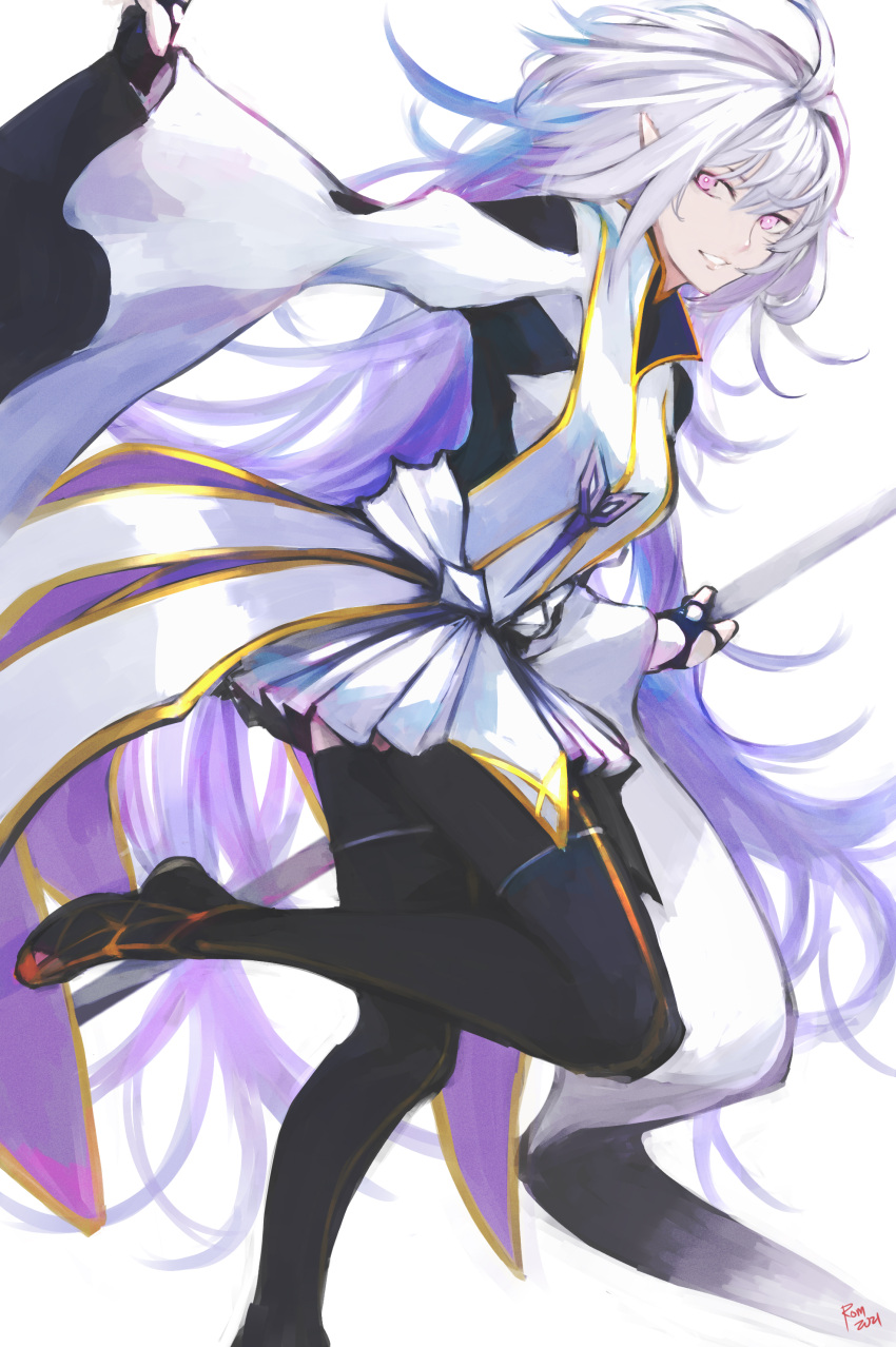 1girl absurdres ahoge dress fate/grand_order fate/grand_order_arcade fate_(series) full_body highres holding holding_staff long_hair merlin_(fate/prototype) messy_hair pleated_skirt pointy_ears simple_background skirt solo staff thigh-highs very_long_hair violet_eyes white_background white_dress white_hair wide_sleeves