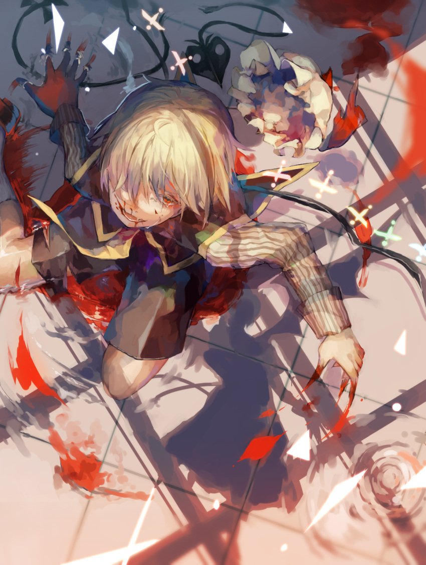 1boy blonde_hair blood blood_on_face bloody_hands broken broken_weapon capelet colored_eyelashes commentary_request fang fingernails flandre_scarlet folded_leg from_above genderswap genderswap_(ftm) hair_over_one_eye hat hat_removed headwear_removed highres laevatein long_sleeves looking_at_viewer mob_cap muin open_mouth red_eyes shadow sharp_fingernails shirt short_hair shorts striped striped_shirt teeth tile_floor tiles touhou weapon wings