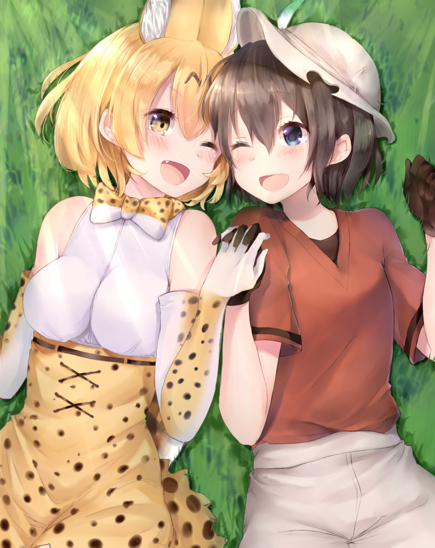 2girls animal_ears black_gloves black_hair blonde_hair bow bowtie bucket_hat commentary_request cross-laced_clothes elbow_gloves gloves hair_between_eyes hat hat_feather high-waist_skirt highres japari_symbol kaban kemono_friends lying maria_(maria0304) multiple_girls on_back one_eye_closed open_mouth red_shirt serval_(kemono_friends) serval_ears serval_print serval_tail shirt short_hair shorts skirt sleeveless sleeveless_shirt smile striped_tail tail wavy_hair