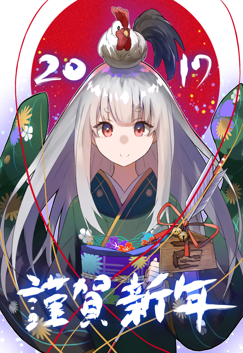 1girl 2017 animal animal_on_head arms_at_sides arrow bangs bird c: chicken chicken_on_head closed_mouth ema eyebrows_visible_through_hair fuotchan furisode green_kimono grey_hair hamaya happy_new_year highres holding_arrow japanese_clothes kimono long_hair looking_at_viewer nengajou new_year obi on_head original red_eyes rising_sun rooster sash sidelocks smile solo sunburst thick_eyebrows translated upper_body wide_sleeves year_of_the_rooster