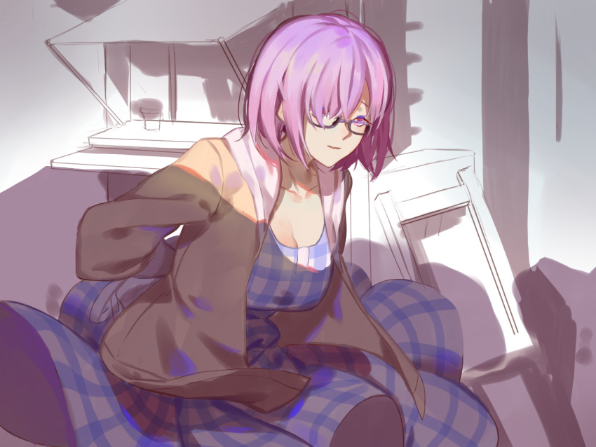 1girl alternate_costume arms_behind_back bangs black-framed_eyewear blue_dress breasts dress fate/grand_order fate_(series) glasses hair_over_one_eye hood hoodie large_breasts looking_at_viewer open_clothes open_hoodie outdoors parted_lips plaid plaid_dress purple_hair red_cucumber semi-rimless_glasses shade shielder_(fate/grand_order) short_hair solo under-rim_glasses violet_eyes