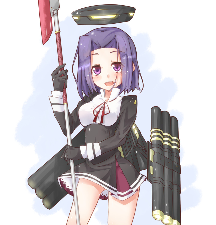1girl blush eyebrows_visible_through_hair gloves highres holding holding_sword holding_weapon kantai_collection looking_at_viewer miiyon mole mole_under_eye open_mouth purple_hair red_ribbon ribbon smile solo sword tatsuta_(kantai_collection) violet_eyes weapon