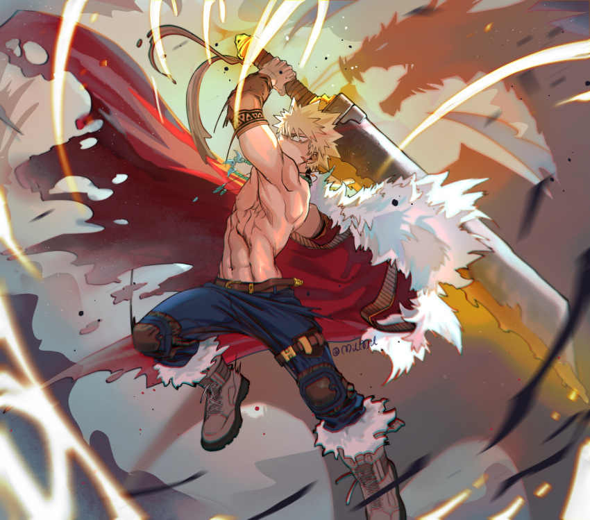 1boy attack bakugou_katsuki bare_pectorals blonde_hair boku_no_hero_academia boots cape commentary denim dragon jeans jewelry jumping male_focus melting milmil_(wa_ten'nendesu) muscular muscular_male navel necklace pants pectorals red_cape sword weapon